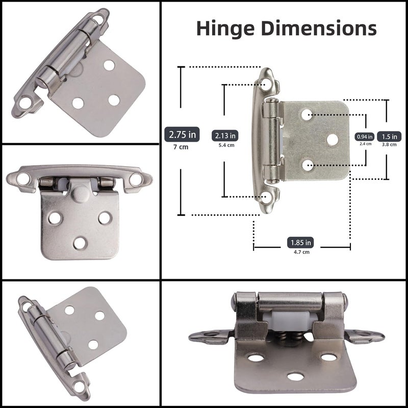 DecoBasics Cabinet Hinges Brushed Nickel for Kitchen Cabinets Doors (25 Pair -50 Pcs) -1/2" Overlay (Variable) -Self Closing Kitchen Cabinet Hinges Flush Mount w/Silicon Bumpers & Hardware Screws - Image 3